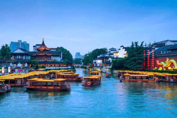 Nanjing Confucius Temple scenic region and Qinhuai River. People are visiting. Located in Nanjing City, Jiangsu Province, China.