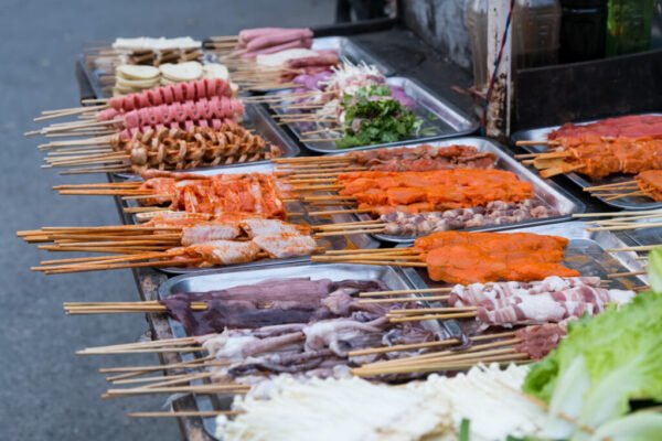 Oriental Asian barbeque sold at night street market in China