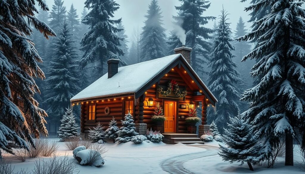 snowy woodland celebrations in a log cabin