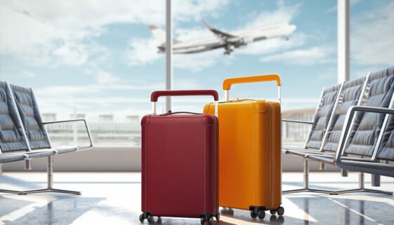 Travel suitcases at the airport. 3d rendering