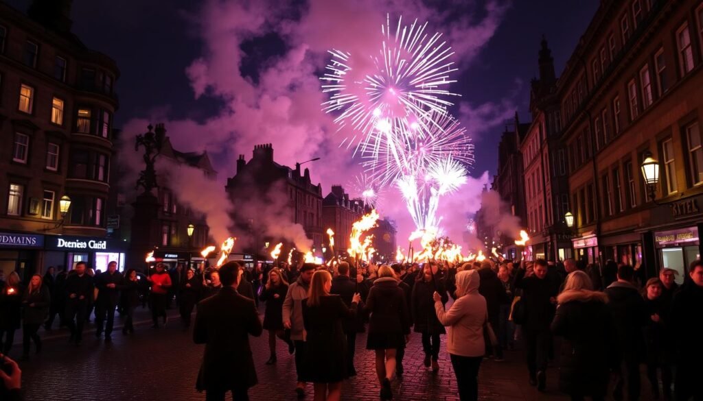 Edinburgh Hogmanay torchlight procession fireworks