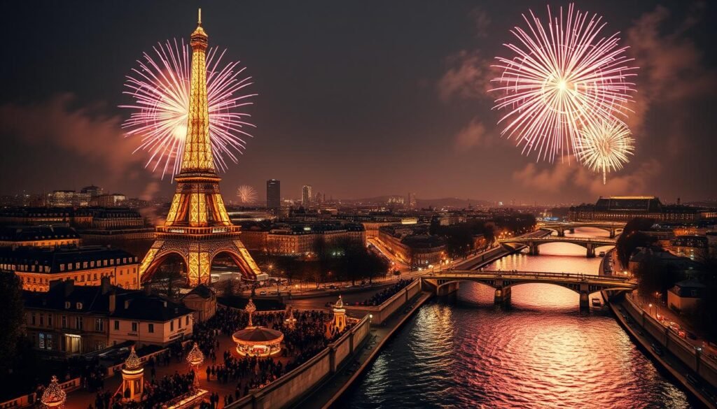 Paris New Year celebrations with Eiffel Tower fireworks