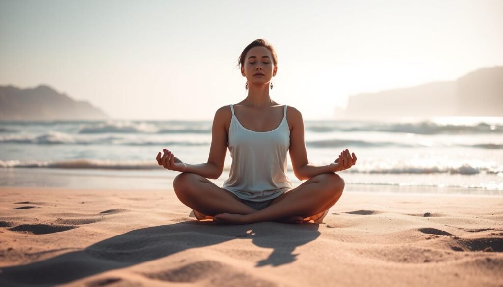 A serene woman sitting in a lotus position on a secluded beach, eyes closed, hands resting gently on her lap, her expression serene and focused. The sun casts a warm, golden glow over the scene, illuminating the gentle lapping of the waves and the soft, sandy texture of the shore. The background is a hazy, dreamlike landscape of distant cliffs and a clear, azure sky, creating a sense of tranquility and escape. The composition is balanced and centered, with the woman as the focal point, inviting the viewer to pause and join her in a moment of peaceful meditation.