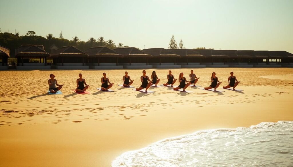 A sun-drenched beach with soft, golden sand. In the foreground, a group of people are gathered on yoga mats, their movements fluid and graceful as they flow through a series of poses. The water's edge is just visible, the gentle lapping of waves creating a soothing soundtrack. In the background, a row of thatched-roof cabanas, their simple elegance in harmony with the natural surroundings. The lighting is warm and diffuse, creating a sense of tranquility and serenity. The atmosphere is one of calm contemplation, a space where the body and mind can find restoration and rejuvenation.