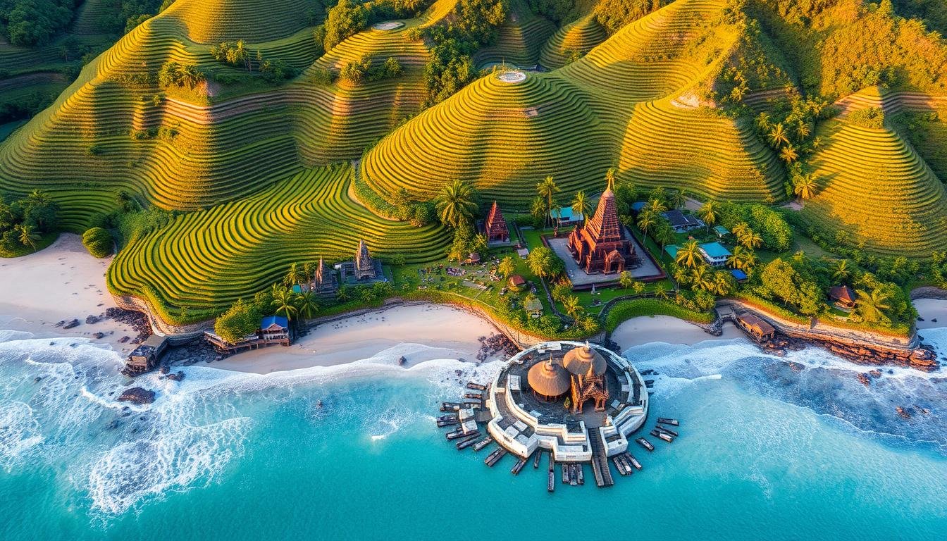 Aerial view of Bali showing rice terraces, beaches and temples - perfect for a 7 days Bali solo travel guide