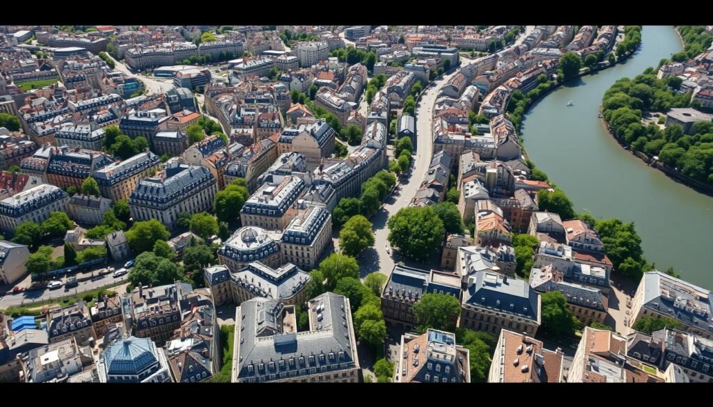 Aerial view of Paris arrondissements in summer showing Seine River and neighborhoods