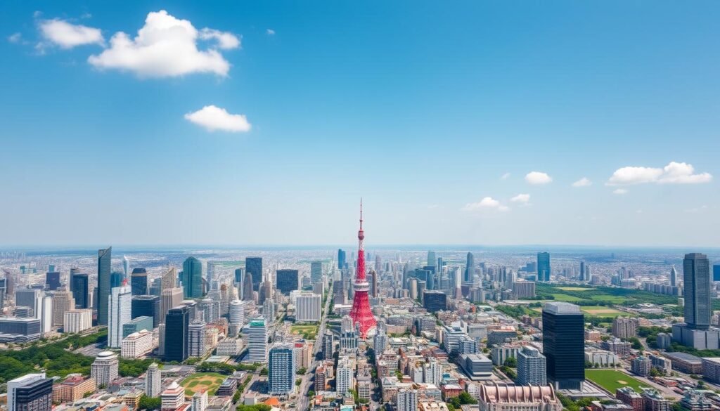 Aerial view of Tokyo skyline in summer with clear blue sky Aerial view of Tokyo skyline in summer with clear blue sky