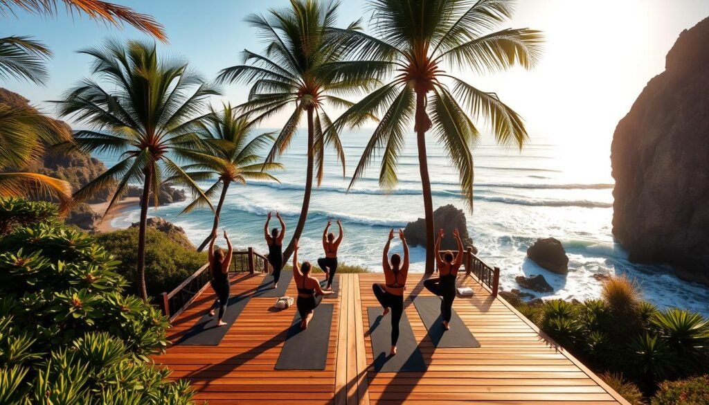 An oceanfront yoga retreat nestled in a picturesque California cove, featuring a wooden platform surrounded by lush vegetation and dramatic cliffs. Warm, golden sunlight filters through the palm trees, casting a serene glow on the serene yogis as they flow through their practice, the vast Pacific ocean stretching out in the background. A wide-angle lens captures the tranquil scene, the salty ocean breeze and the sounds of crashing waves creating a immersive, restorative atmosphere.