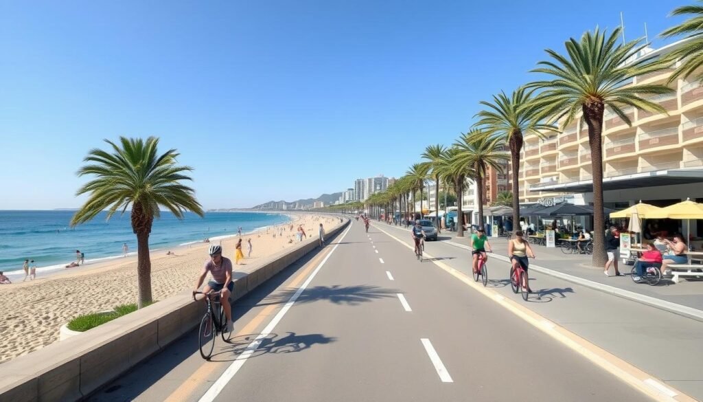 Barcelona bike lane along the beach with cyclists and palm trees