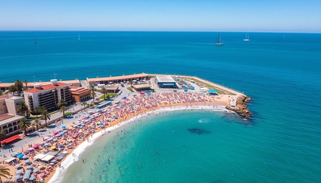 Barceloneta Beach crowded with summer visitors and colorful umbrellas