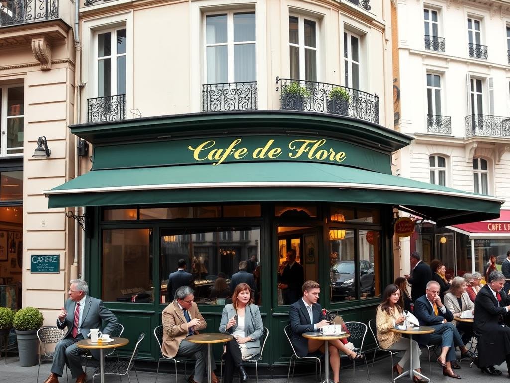 Café de Flore in Saint-Germain-des-Prés with its iconic green awning, outdoor seating, and well-dressed Parisians enjoying coffee