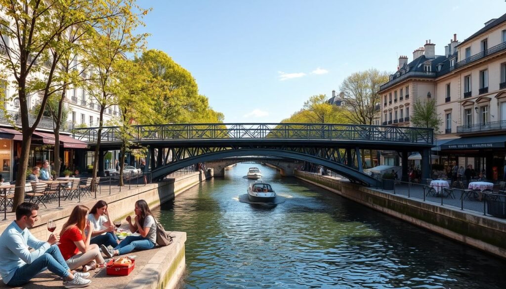 Canal Saint-Martin with iron footbridges, young Parisians picnicking along the water's edge, and tree-lined banks with boutiques