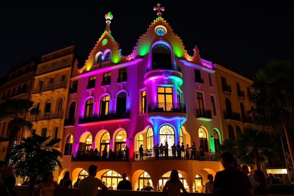 Casa Batlló illuminated at night with summer visitors enjoying rooftop concert Casa Batlló illuminated at night with summer visitors enjoying rooftop concert