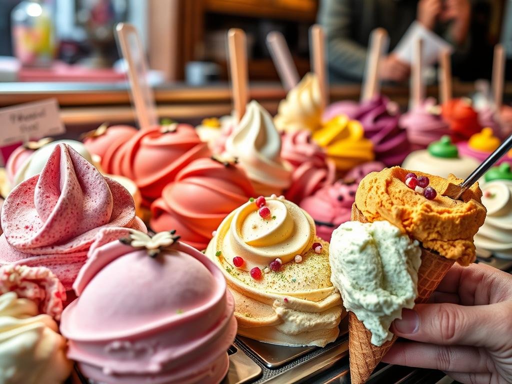 Colorful artisanal ice cream display at a Parisian ice cream shop in summer. Colorful artisanal ice cream display at a Parisian ice cream shop in summer.