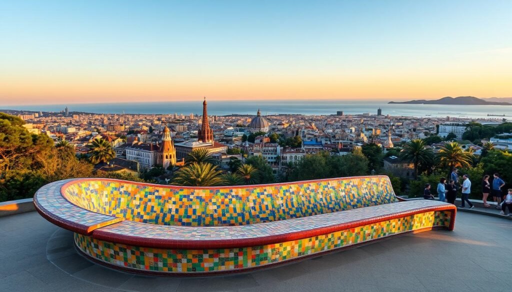 Colorful mosaic bench at Park Güell with Barcelona city views at sunset Colorful mosaic bench at Park Güell with Barcelona city views at sunset