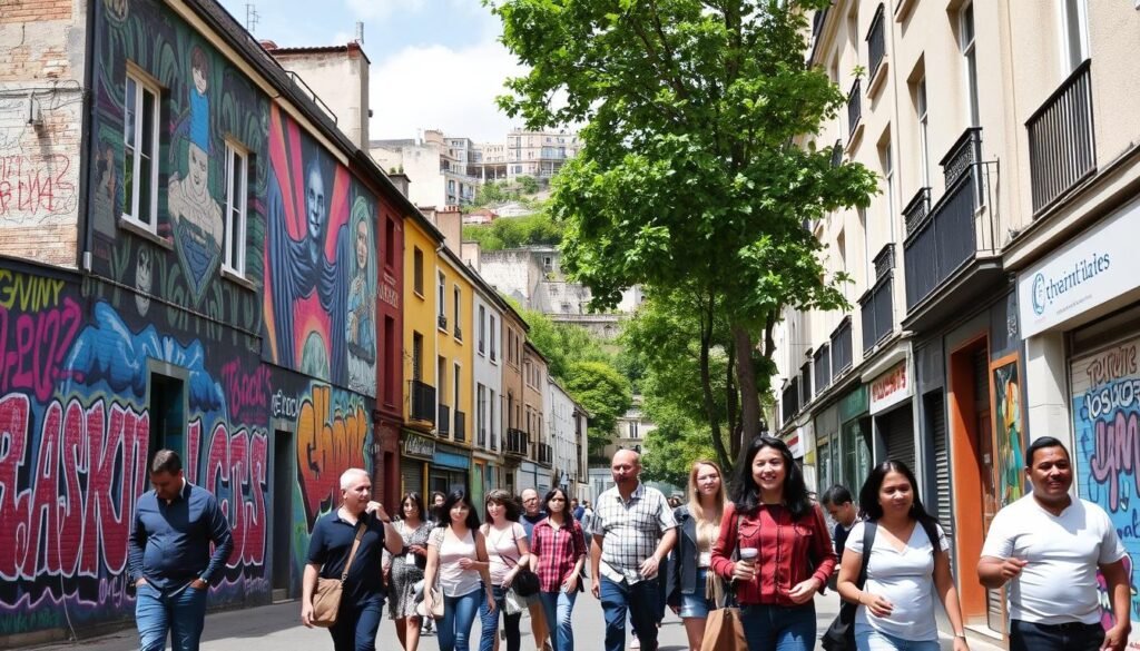 Colorful street art murals in Belleville with diverse locals walking past, hillside park in the background, and typical Parisian buildings