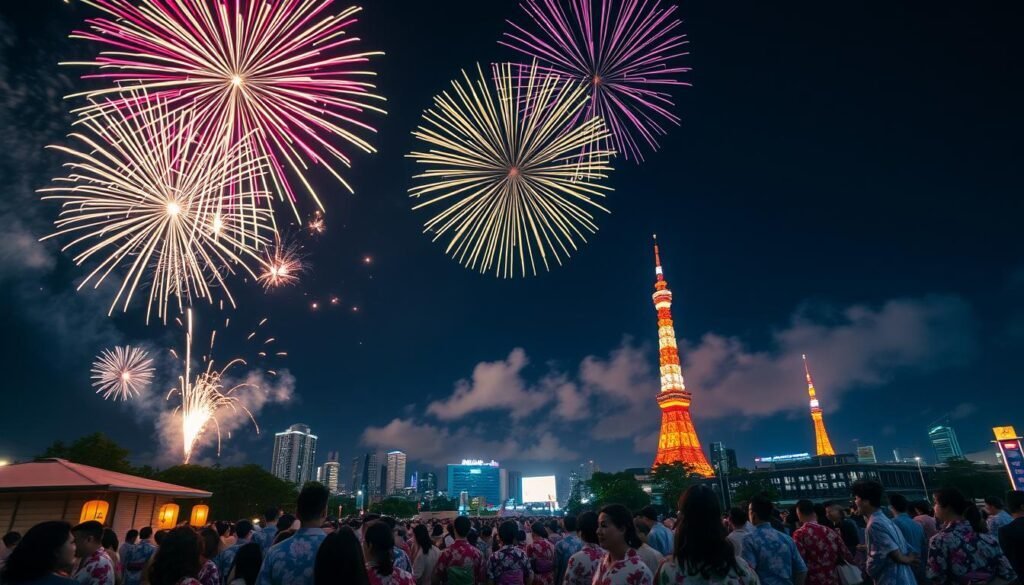 Colorful summer fireworks festival in Japan with Tokyo skyline