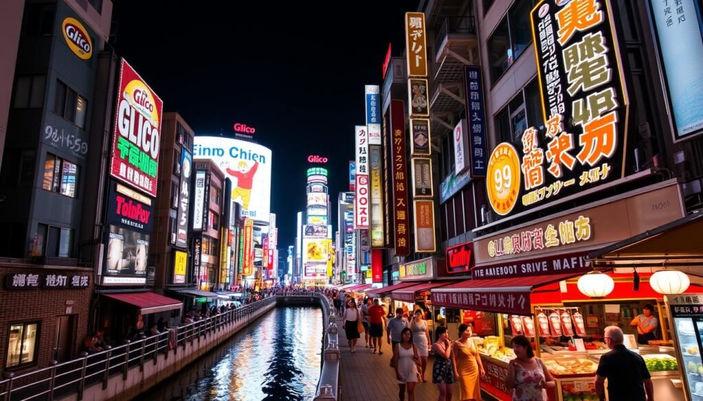Dotonbori district in Osaka at night with neon signs and canal