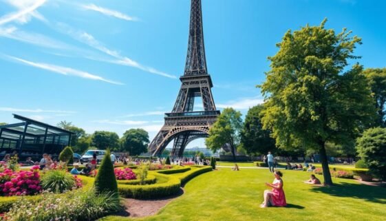 Eiffel Tower during summer with blooming gardens and blue sky in Paris