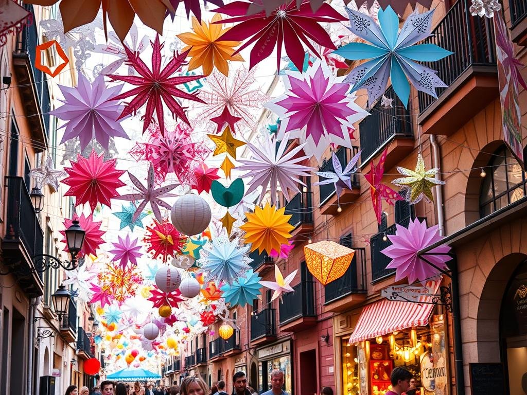 Elaborately decorated street during Festa Major de Gràcia with paper decorations Elaborately decorated street during Festa Major de Gràcia with paper decorations