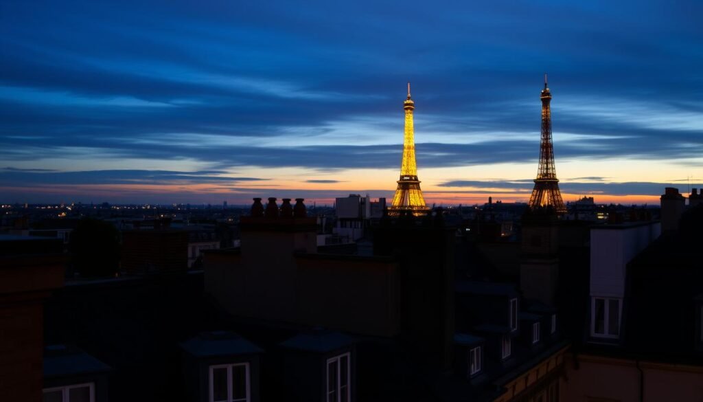 Evening view of Paris rooftops with the Eiffel Tower illuminated in the distance, chimneys, and mansard roofs