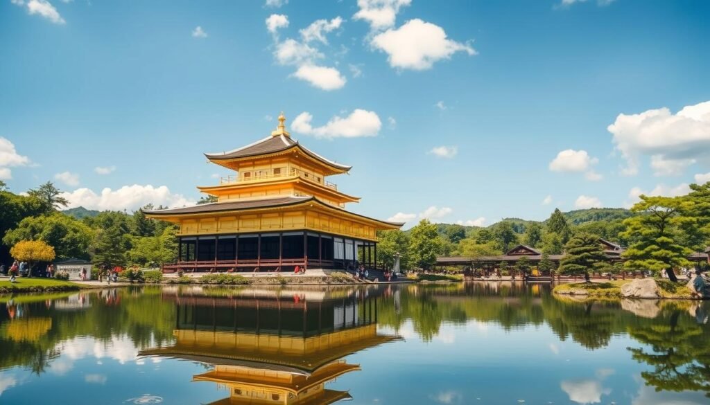 Golden Pavilion (Kinkaku-ji) in Kyoto reflecting in pond during summer