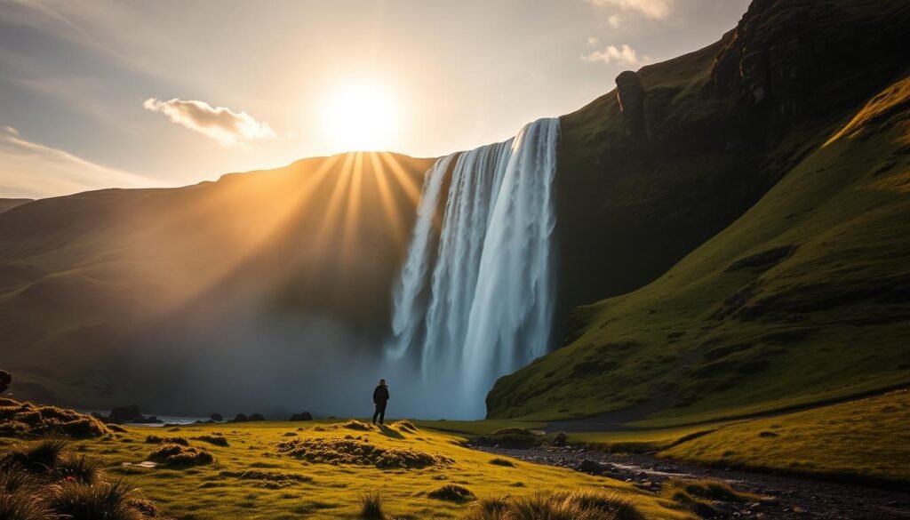 Icelandic waterfall under the midnight sun - one of the best summer solo travel destinations Icelandic waterfall under the midnight sun - one of the best summer solo travel destinations