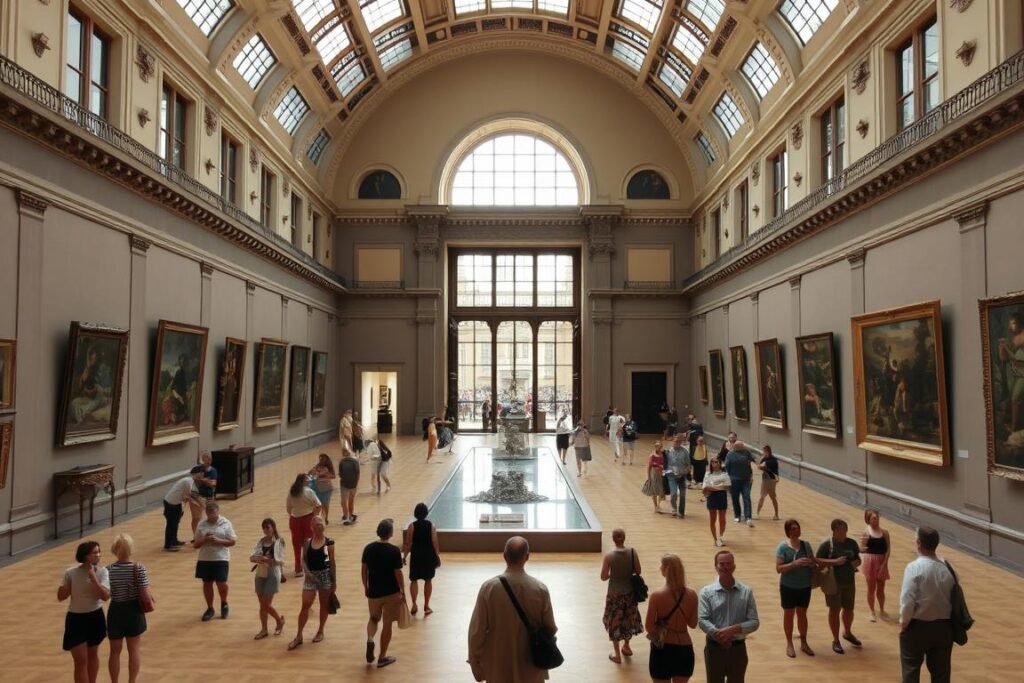 Interior of the air-conditioned Louvre Museum during summer in Paris Interior of the air-conditioned Louvre Museum during summer in Paris