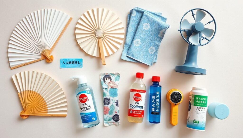 Japanese summer cooling items including fans and cold drinks