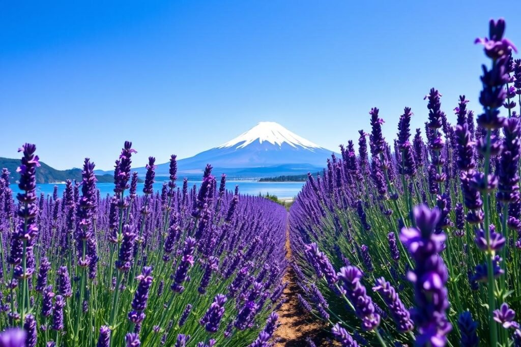 Lavender fields near Lake Kawaguchiko with Mt. Fuji in background Lavender fields near Lake Kawaguchiko with Mt. Fuji in background