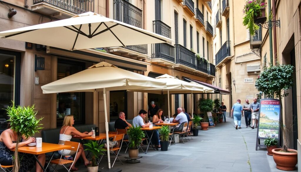 Local Barcelona cafe with people enjoying outdoor seating in the shade