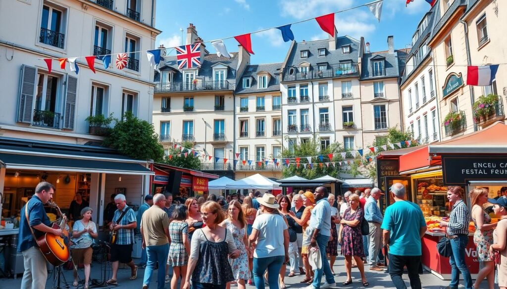 Local summer festival in a Parisian neighborhood with music and food stalls