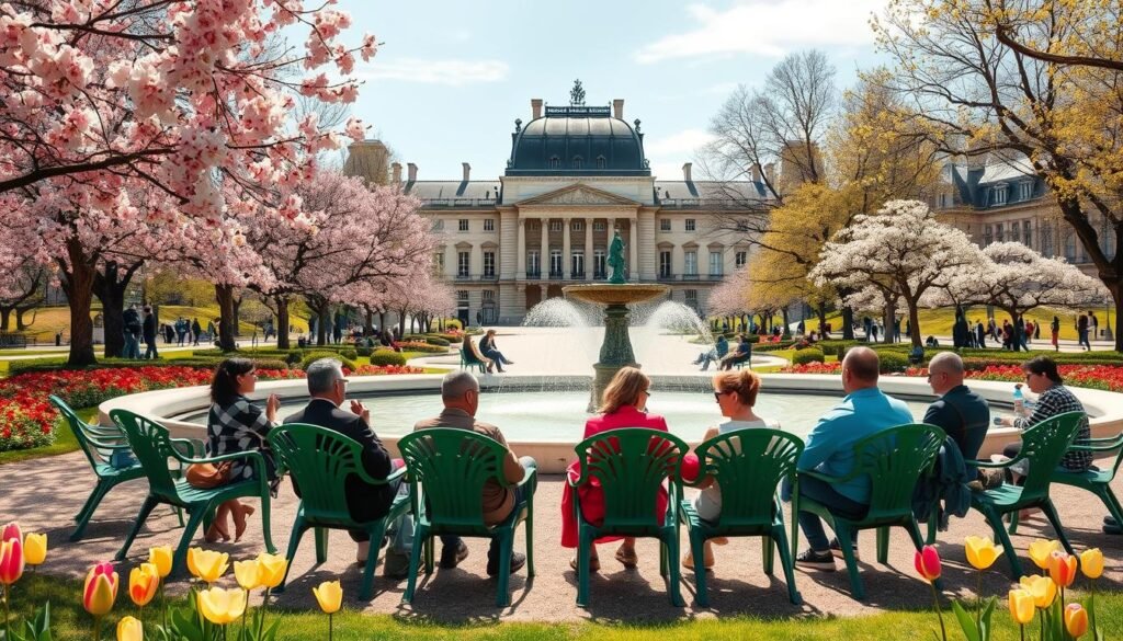 Luxembourg Gardens in spring with blooming flowers, Parisians relaxing in chairs around the fountain, and the palace in the background