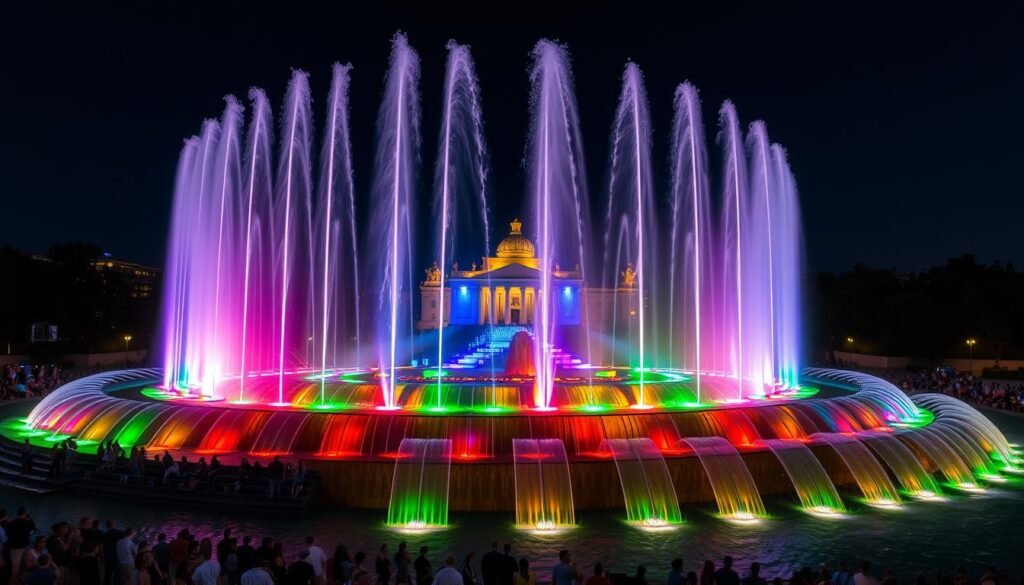 Magic Fountain of Montjuïc illuminated at night with colorful water display