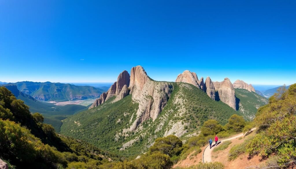 Montserrat mountain view with summer hikers and clear blue sky