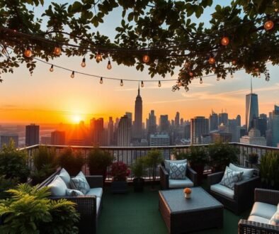 NYC skyline view from a hidden rooftop garden with lush greenery and string lights at sunset