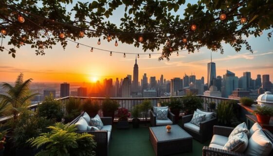 NYC skyline view from a hidden rooftop garden with lush greenery and string lights at sunset
