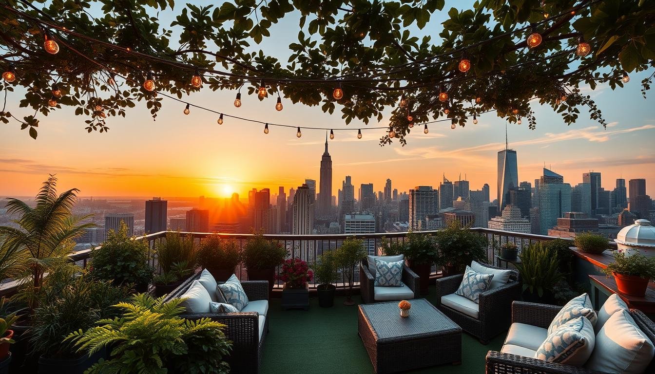 NYC skyline view from a hidden rooftop garden with lush greenery and string lights at sunset