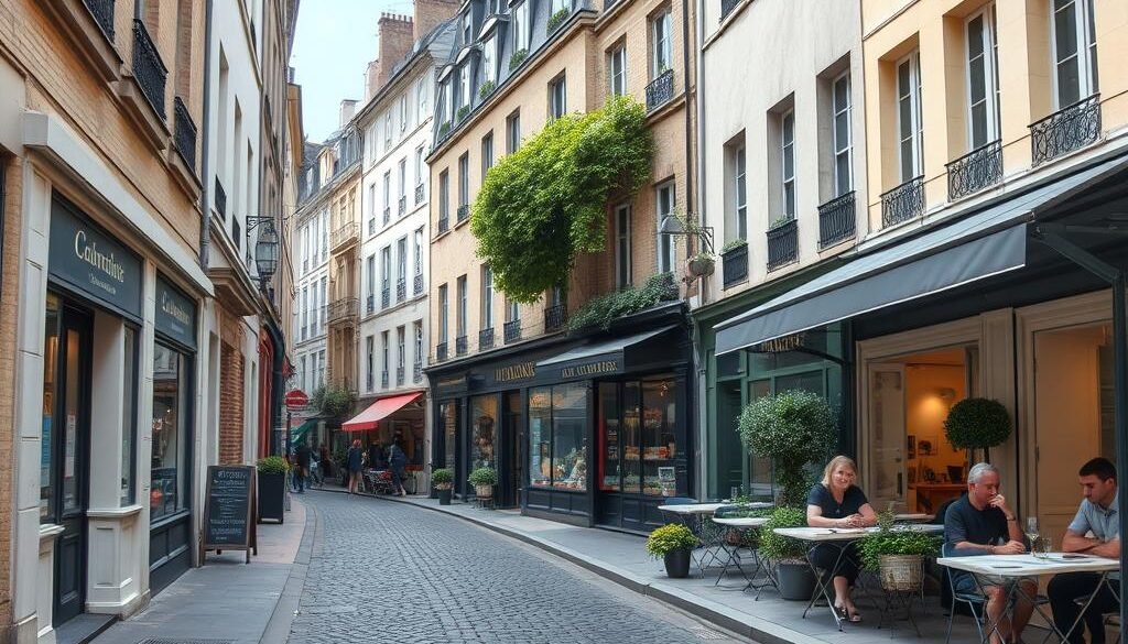Narrow cobblestone street in Le Marais with historic buildings, boutique shops with colorful awnings, and Parisians enjoying café terraces