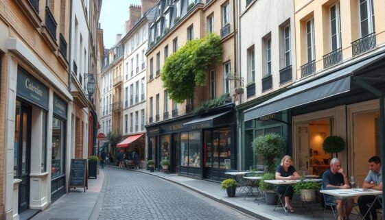 Narrow cobblestone street in Le Marais with historic buildings, boutique shops with colorful awnings, and Parisians enjoying café terraces