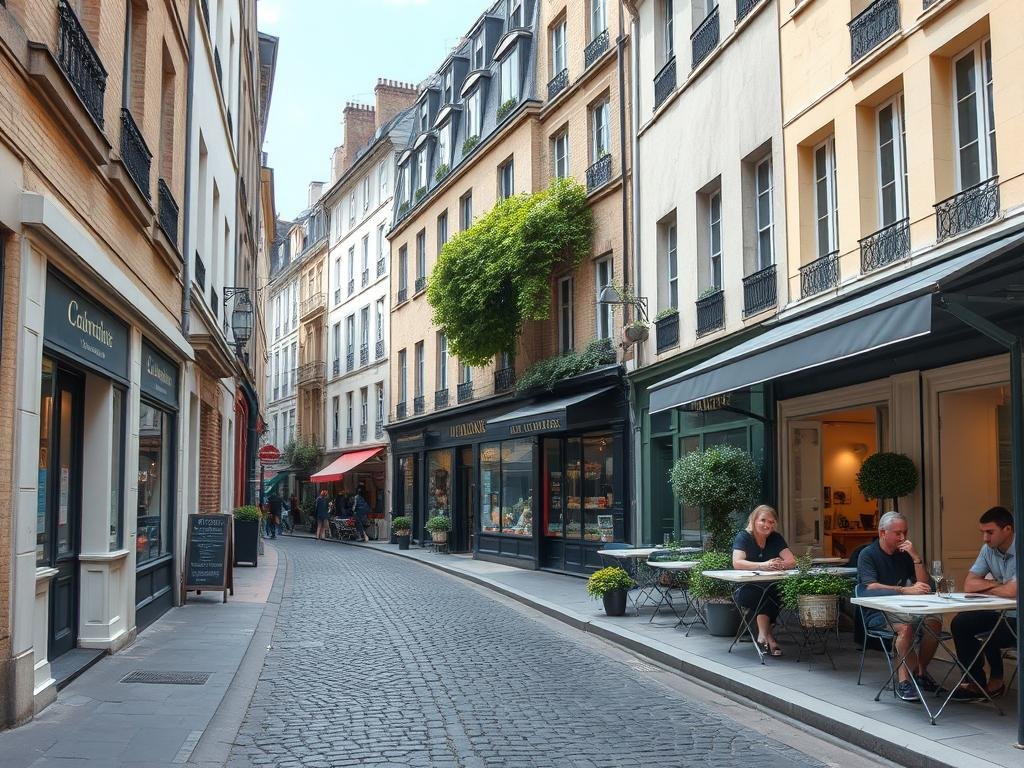 Narrow cobblestone street in Le Marais with historic buildings, boutique shops with colorful awnings, and Parisians enjoying café terraces