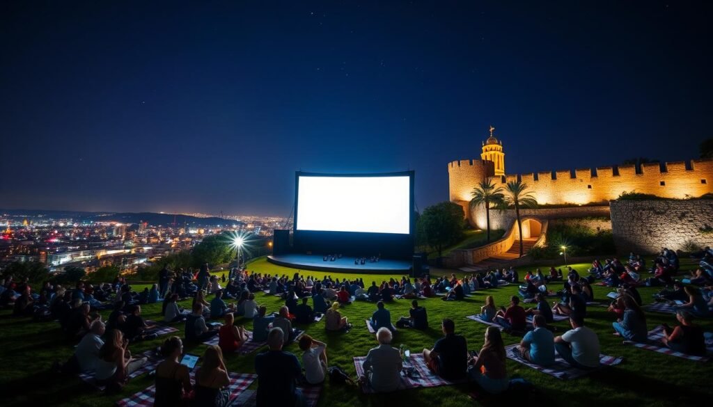 Open-air cinema at Montjuïc Castle with Barcelona city lights in background Open-air cinema at Montjuïc Castle with Barcelona city lights in background