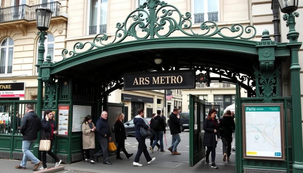 Paris metro entrance with Art Nouveau design, metro map, and Parisians entering the station