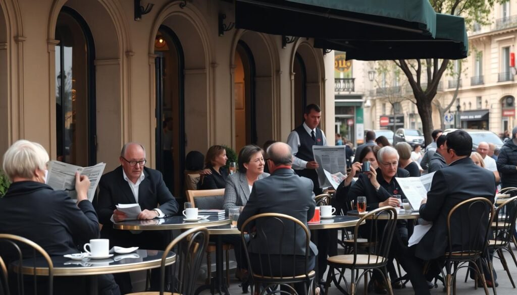 Parisian café scene with locals enjoying coffee at outdoor tables, reading newspapers, and people-watching
