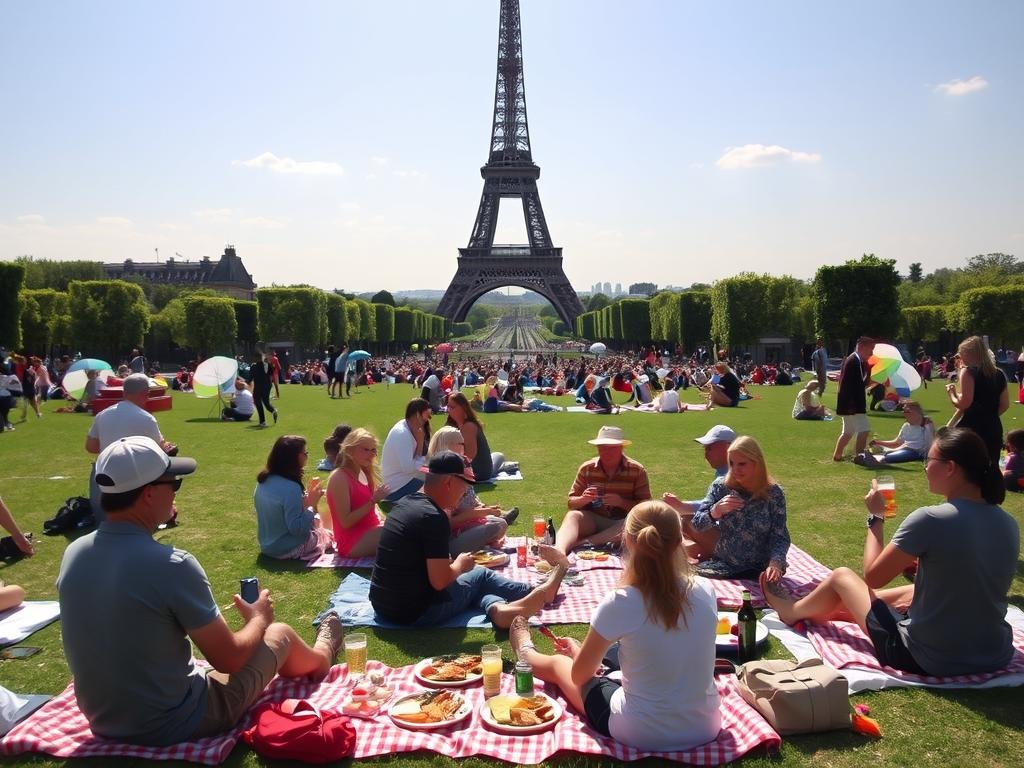 People enjoying picnic at Champ de Mars with Eiffel Tower view in summer People enjoying picnic at Champ de Mars with Eiffel Tower view in summer