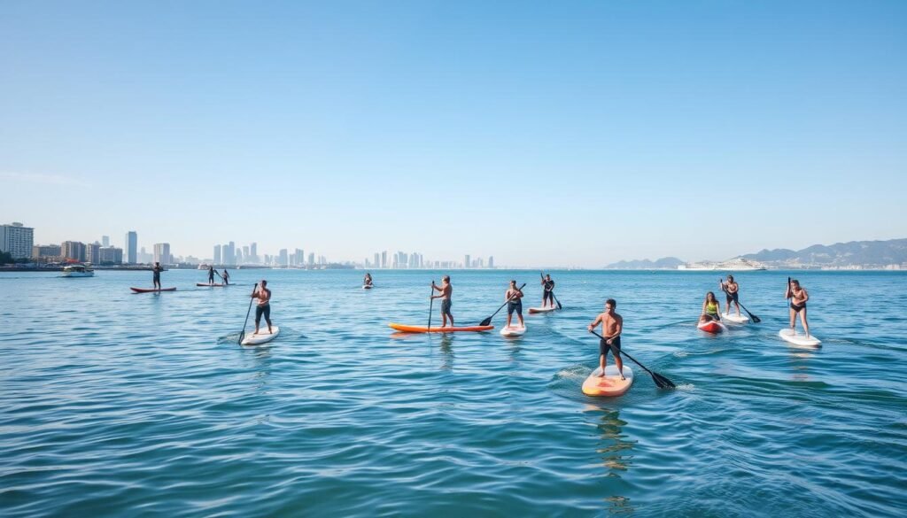 People paddleboarding at Nova Icaria beach with Barcelona skyline in background People paddleboarding at Nova Icaria beach with Barcelona skyline in background
