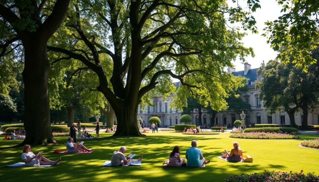 People relaxing under shade trees in Luxembourg Gardens during summer in Paris People relaxing under shade trees in Luxembourg Gardens during summer in Paris