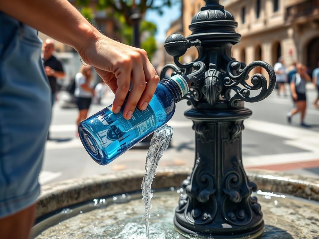 Public drinking fountain in Barcelona with person filling a open water bottle