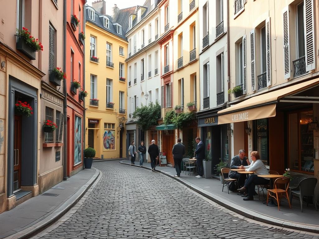 Quiet street in La Butte-aux-Cailles with colorful houses, street art, flower boxes, and locals at a corner café