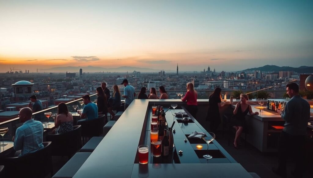 Rooftop bar in Barcelona with people enjoying drinks and city views at sunset